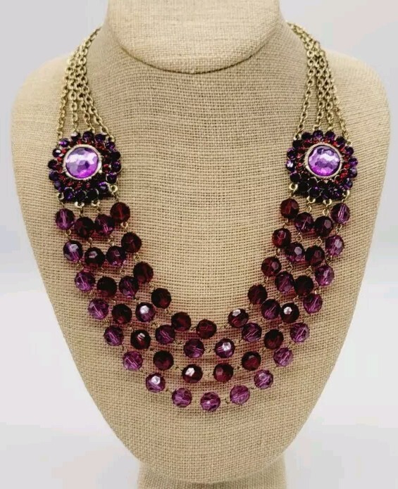 Robert Rose Purple & Red Beaded Necklace 4 Row Layered Collar Vintage WIDE 21 in
