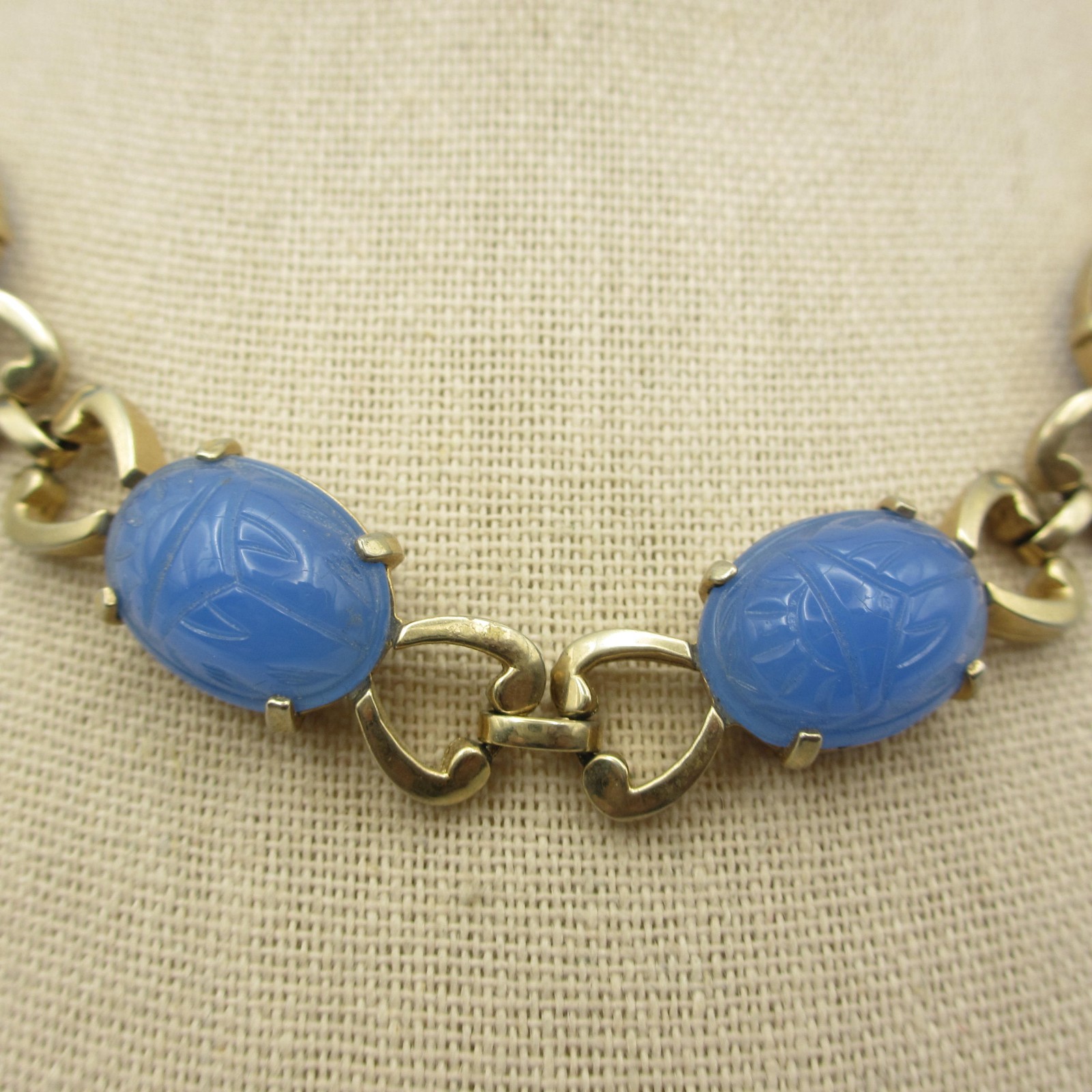 Vintage Scarab Necklace Egyptian Revival Blue Glass Gold Tone Choker 15 Inch