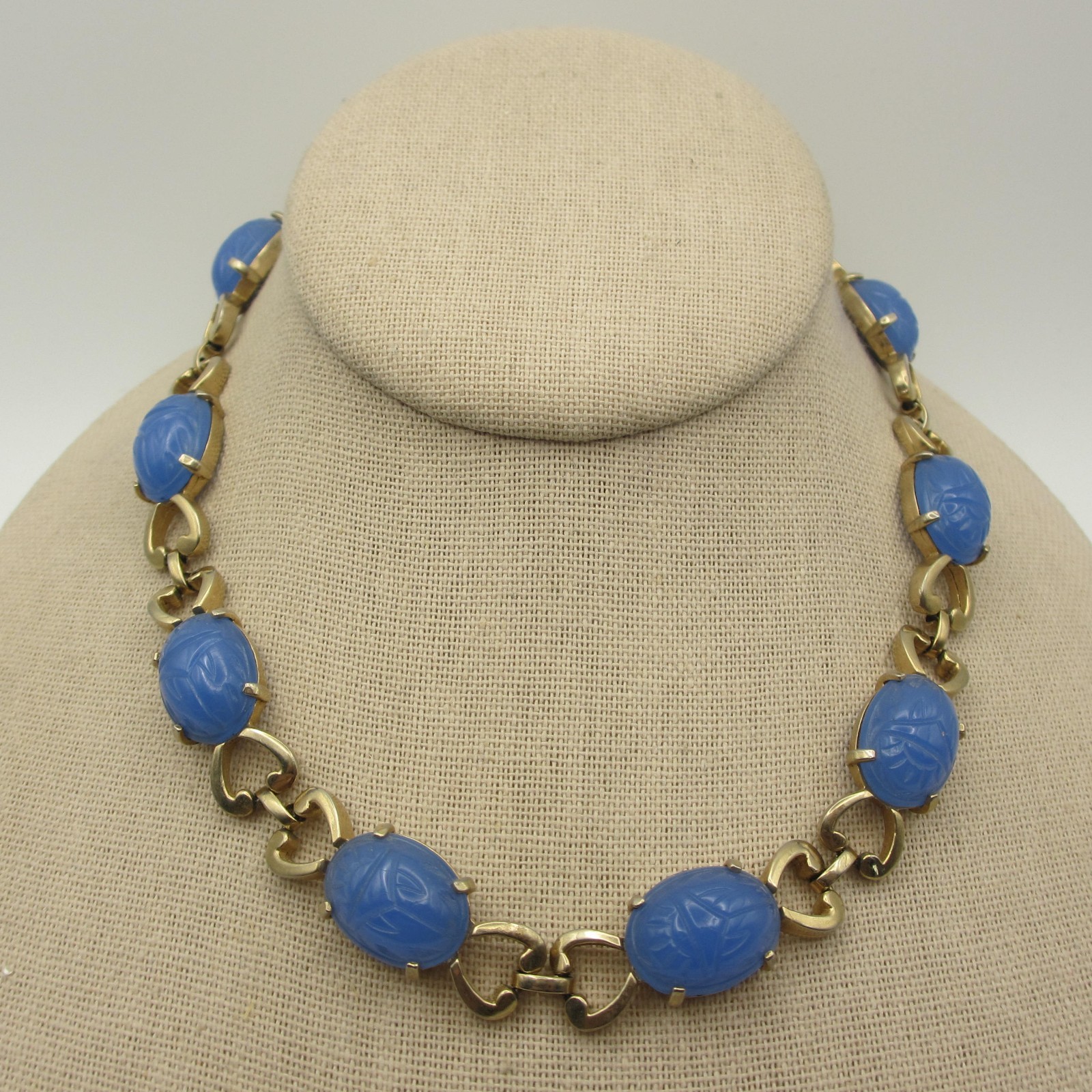 Vintage Scarab Necklace Egyptian Revival Blue Glass Gold Tone Choker 15 Inch