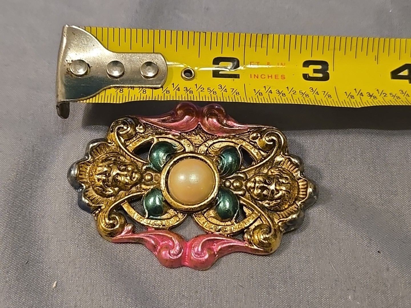 Art Nouveau Style Brooch Pin Cherub Faces Gold Tone and Faux Pearl