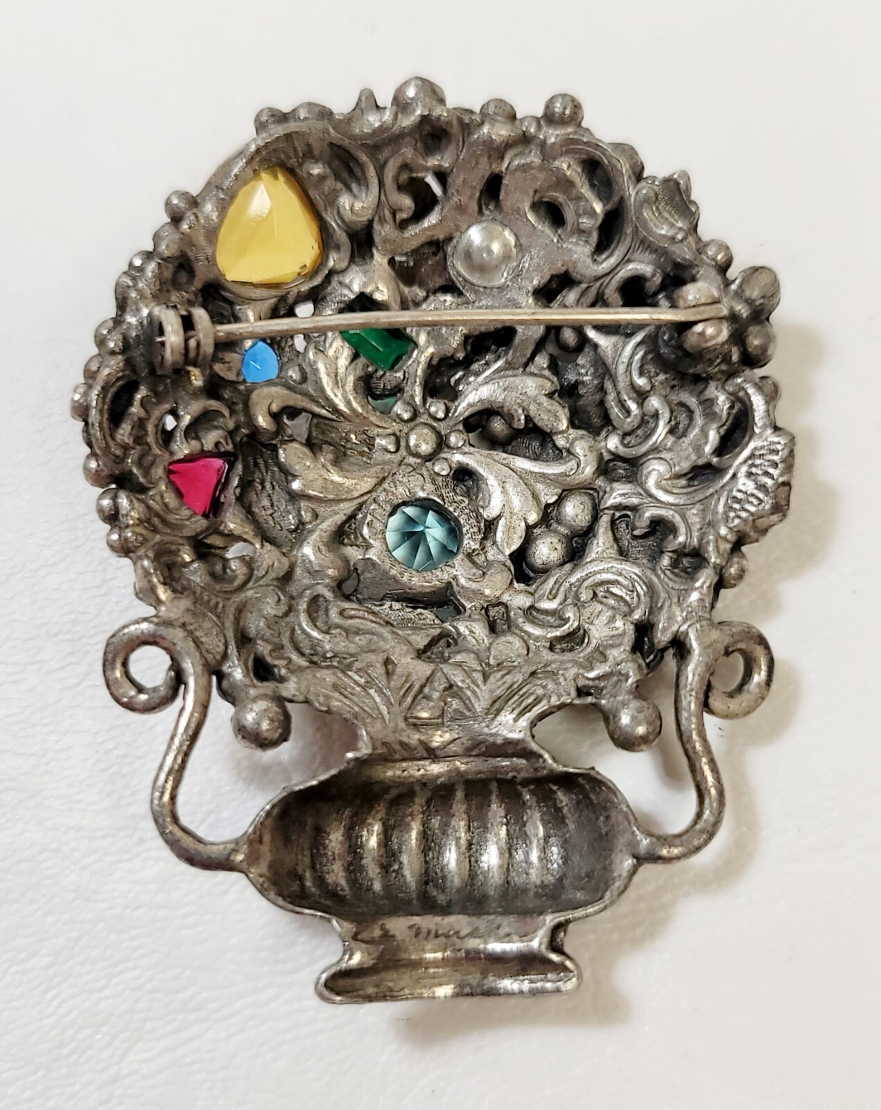 Vintage Large Estate French Rhinestone Flower Bouquet Silver Tone Urn Brooch