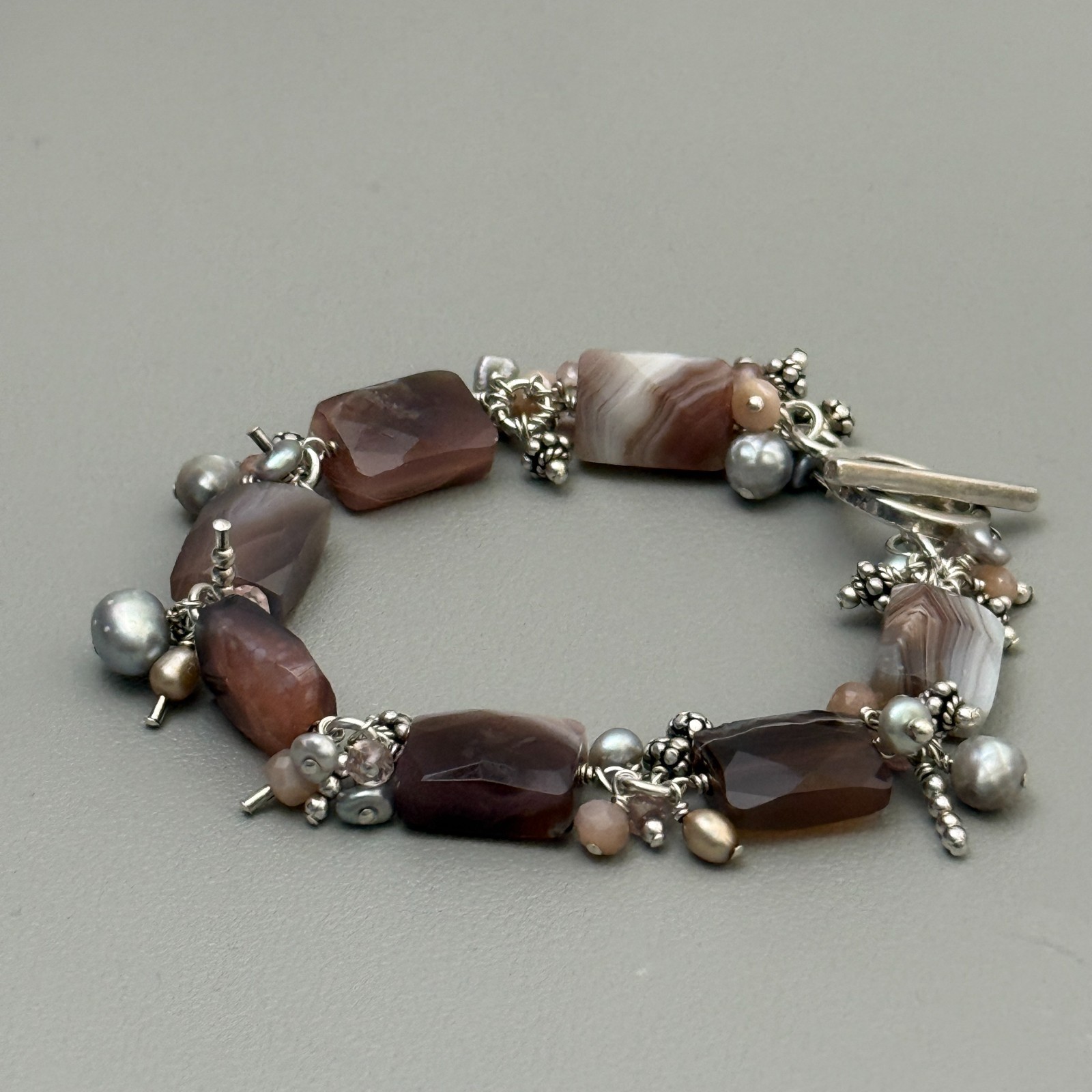 Artisan 925 Sterling Silver Banded Agate Pearl Bracelet Toggle Clasp 7″ Vintage