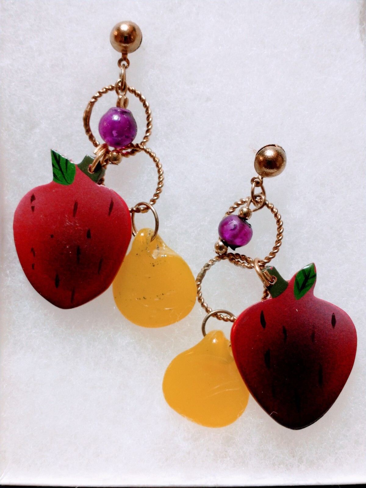 VTG EARRINGS 80’s RETRO Artisan Big HAND Painted STRAWBERRIES🍓 CHUNKY FUN RARE