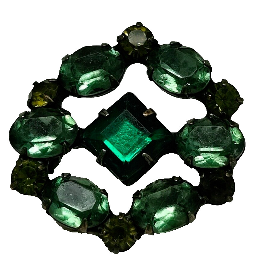 Small Vintage Green Square Faceted Oval and Round Glass Set in Round Setting Pin