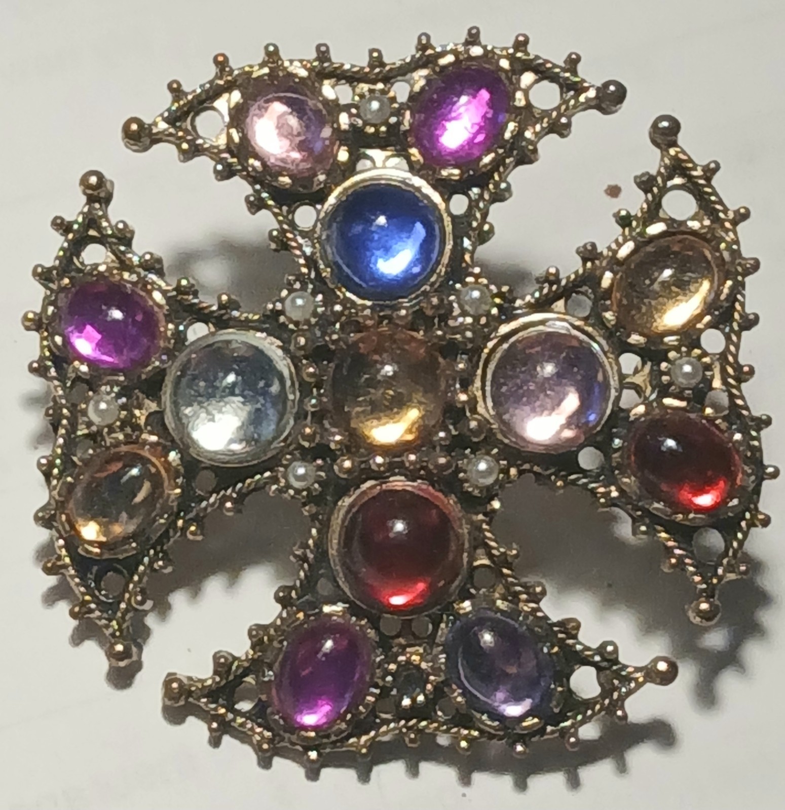 Vintage multi color moon glass in gold metal setting brooch/ pin