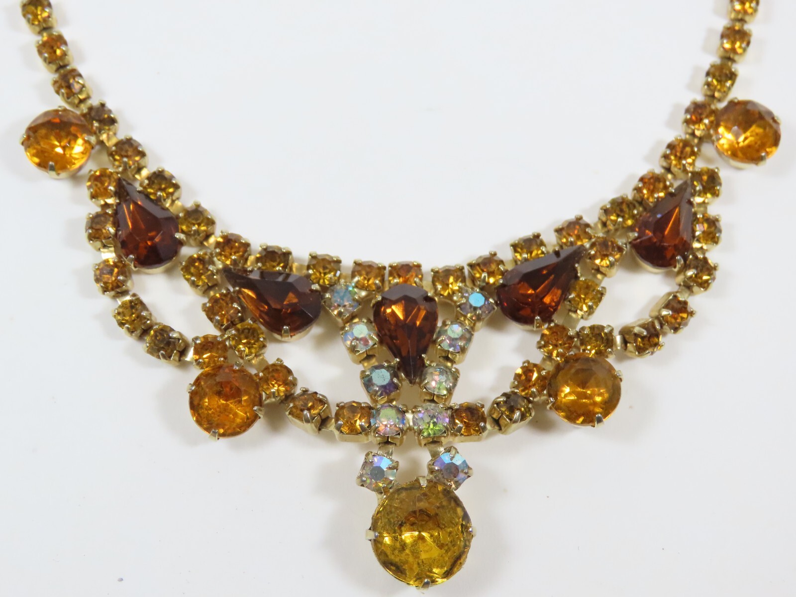 Rhinestone Necklace Golden Amber Brown Topaz AB Crystal VTG Exquisite D1652