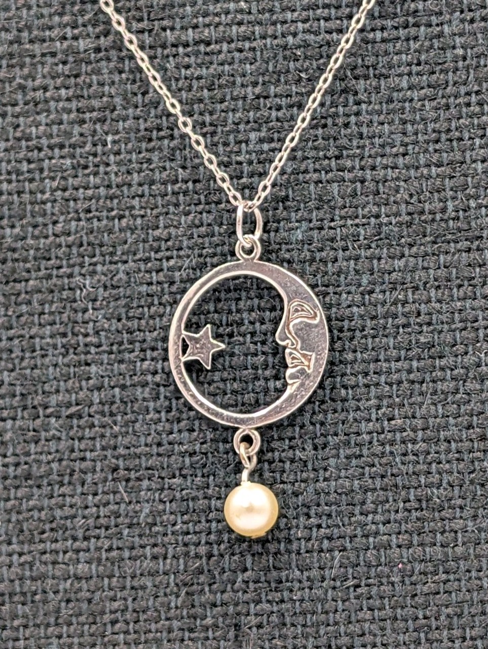 Vtg Sterling Faux Pearl Crescent Moon Man & Star Pendant 18″ Cable 925 Necklace
