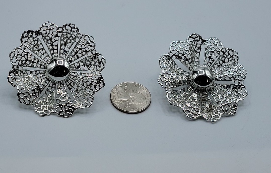 Vintage Sarah Coventry Statement Earrings Huge Flower Filigree Lace Clip On 1.5”