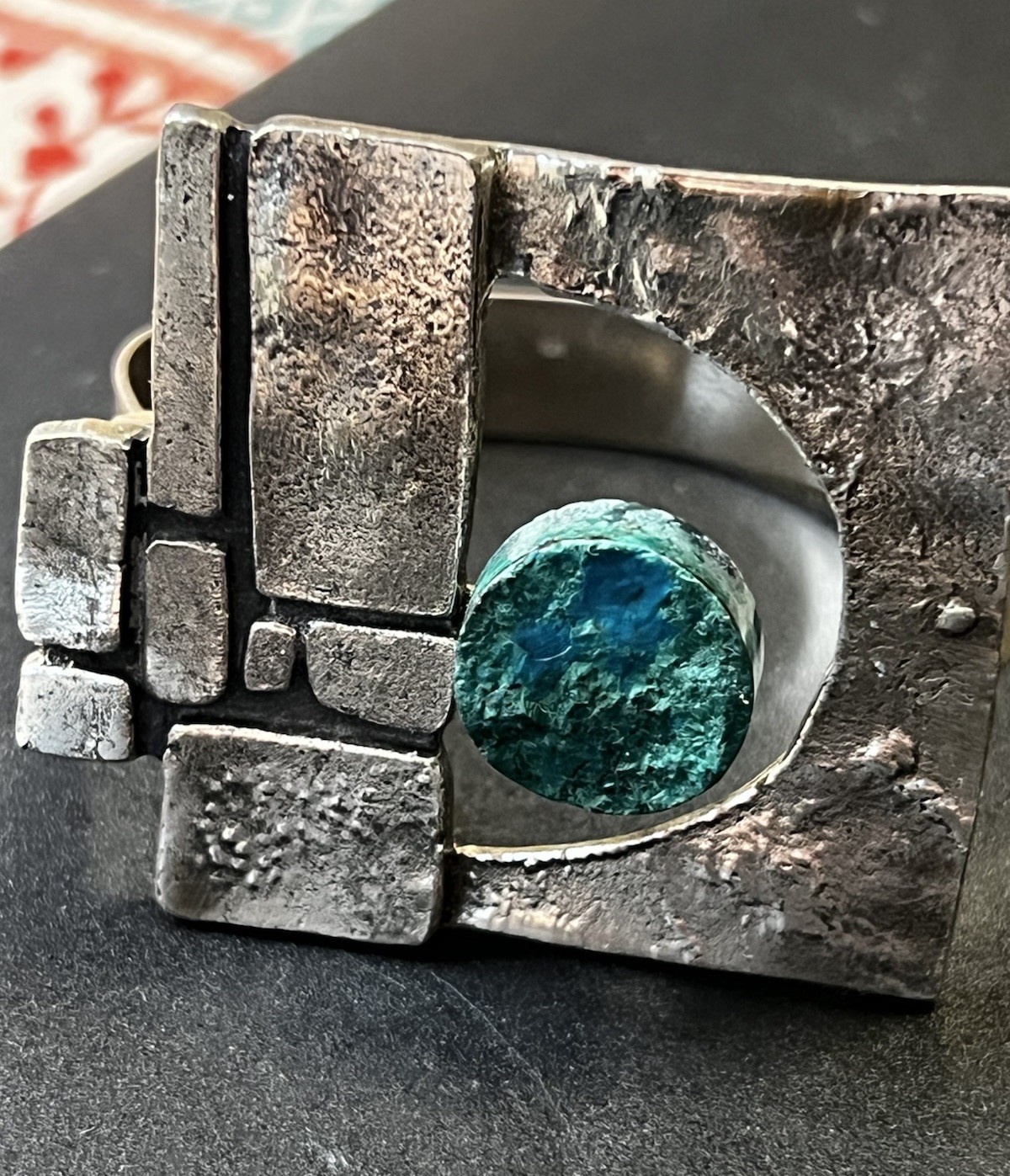 Scandinavian Brutalist 835 Silver Sz 5.75 Artist Crafted Bracelet Chrysocolla