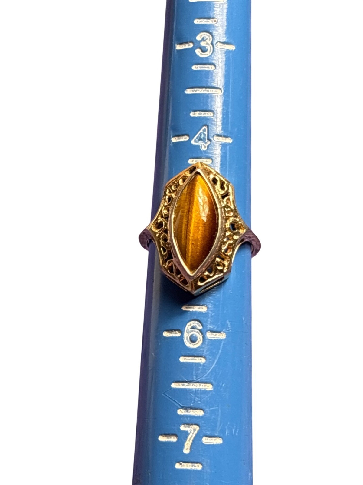 Vintage Goldtone Filigree Tiger’s Eye Ring Size 5 A Lot of Wear on Back of Band
