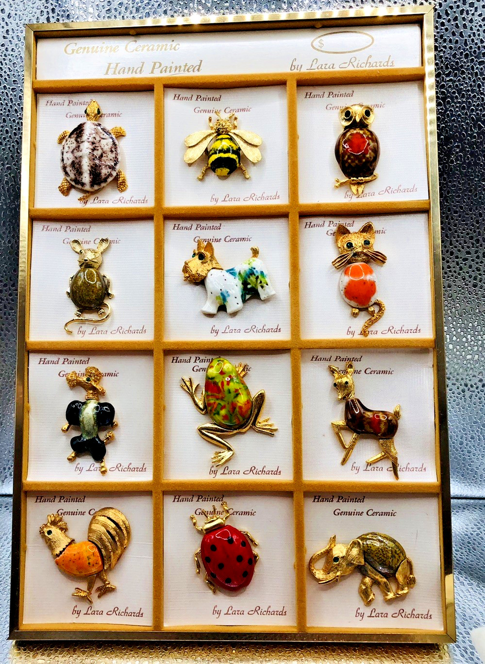 48 LARA RICHARDS Hand Painted Ceramic Creature Pins NEW OLD STOCK Original Pkg