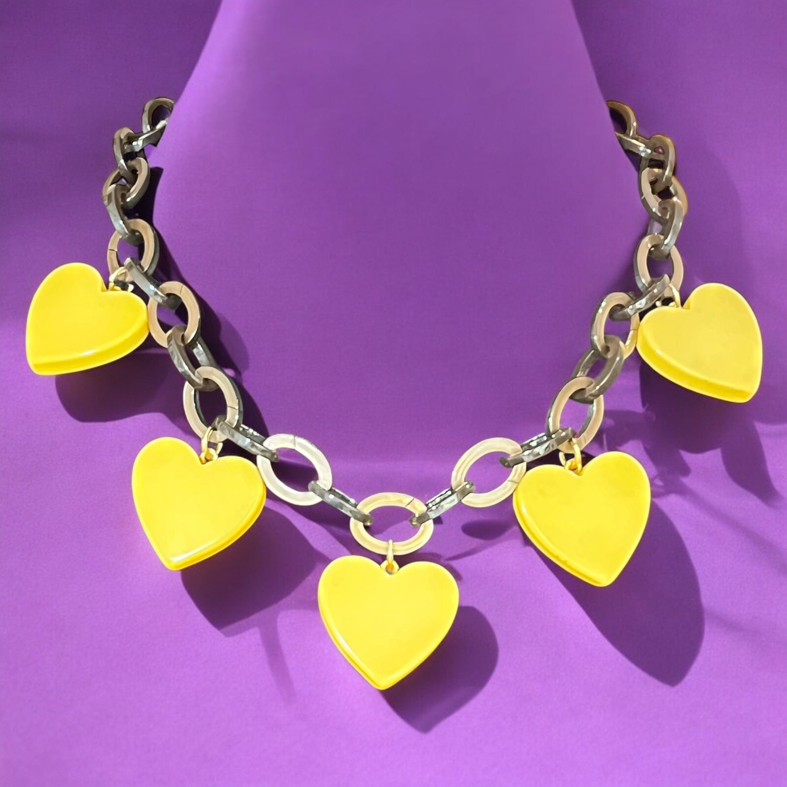 Bakelite Necklace, Cream Corn Hearts on Brown Acetate Acrylic Chain, 💝