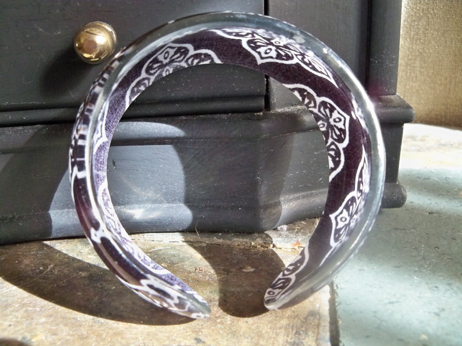 bracelet clear transparent jewelry cuff plastic resin inlay fabric black white