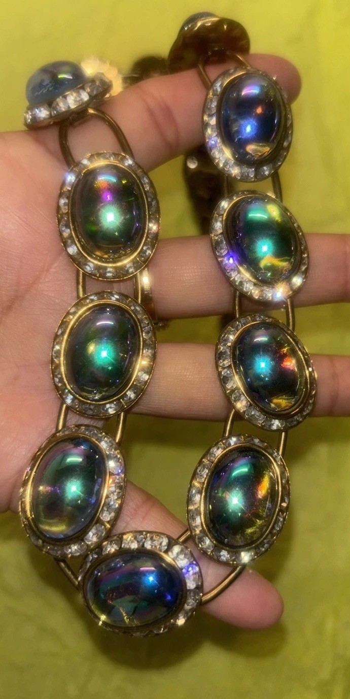 Vintage Peacock Iridescent Gripoux Cabochon AB Necklace ~ Stunning ~ Oil Slick