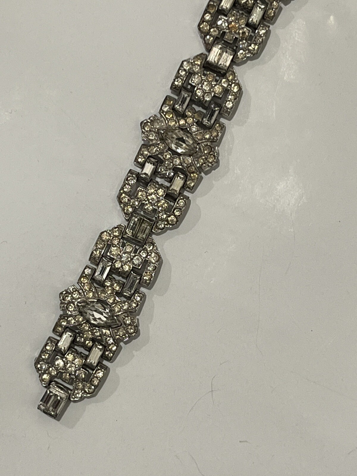 KTF TRIFARI 1930’S BRACELET Art Deco Wide Pave CLEAR Rhinestone Baguette 7.25