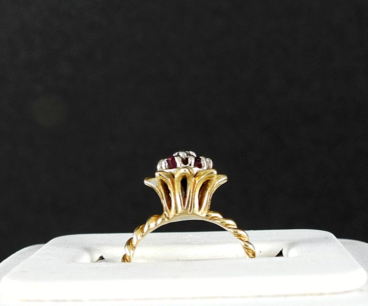 Vintage Solid 14K Yellow Gold Ring Ruby Diamond Cluster Fine Fancy Jewelry