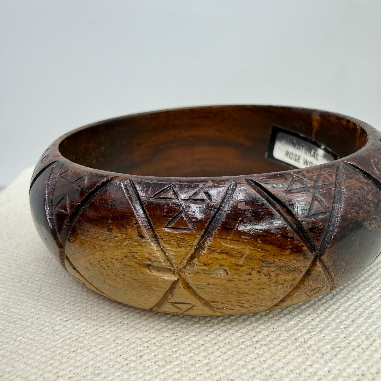 Vintage Wooden Bangle Bracelet Set Natural Rosewood Carved Two-Tone Boho 3pc