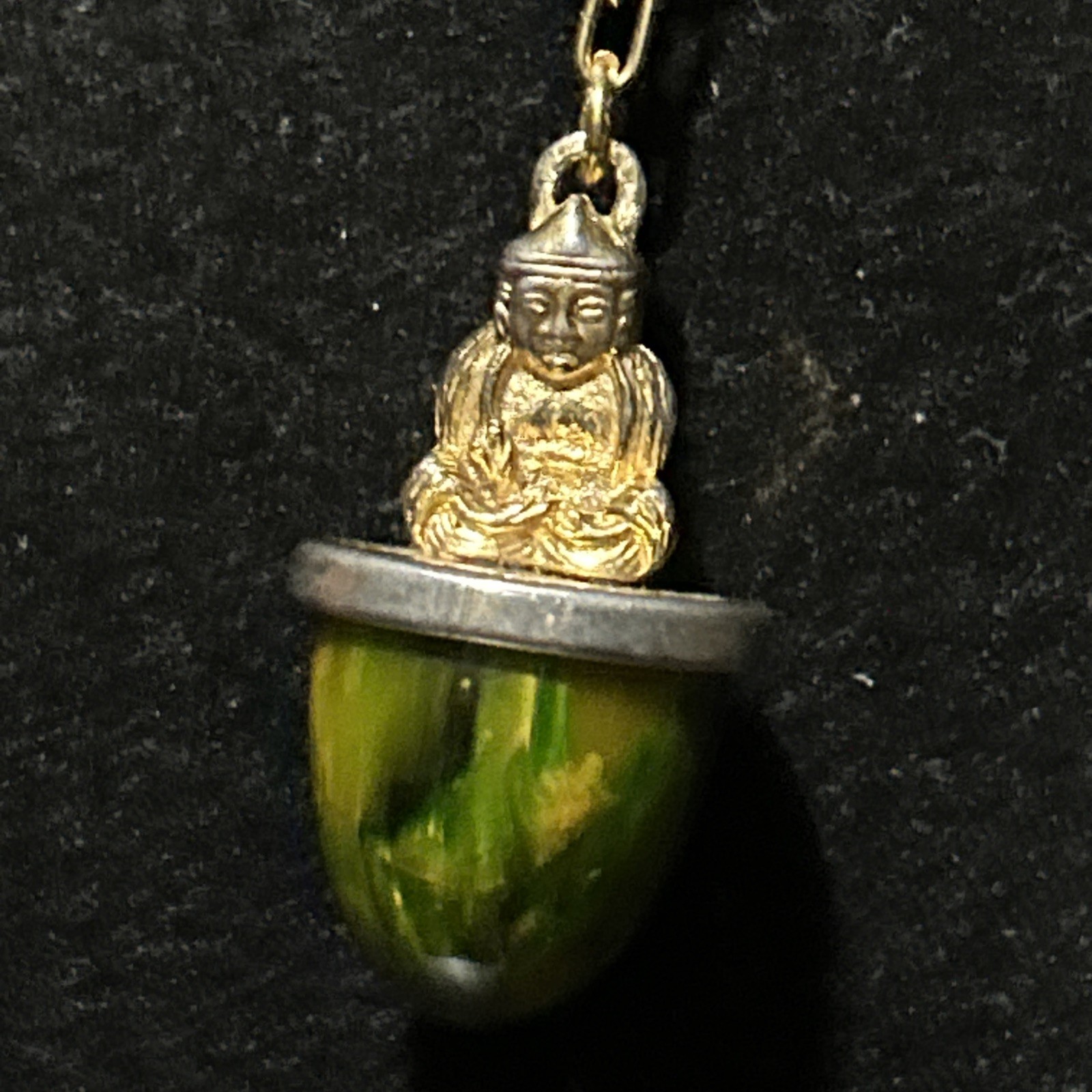 Vintage 30g Green Yellow Tested Bakelite Buddha Fob Pendant French 32” Necklace