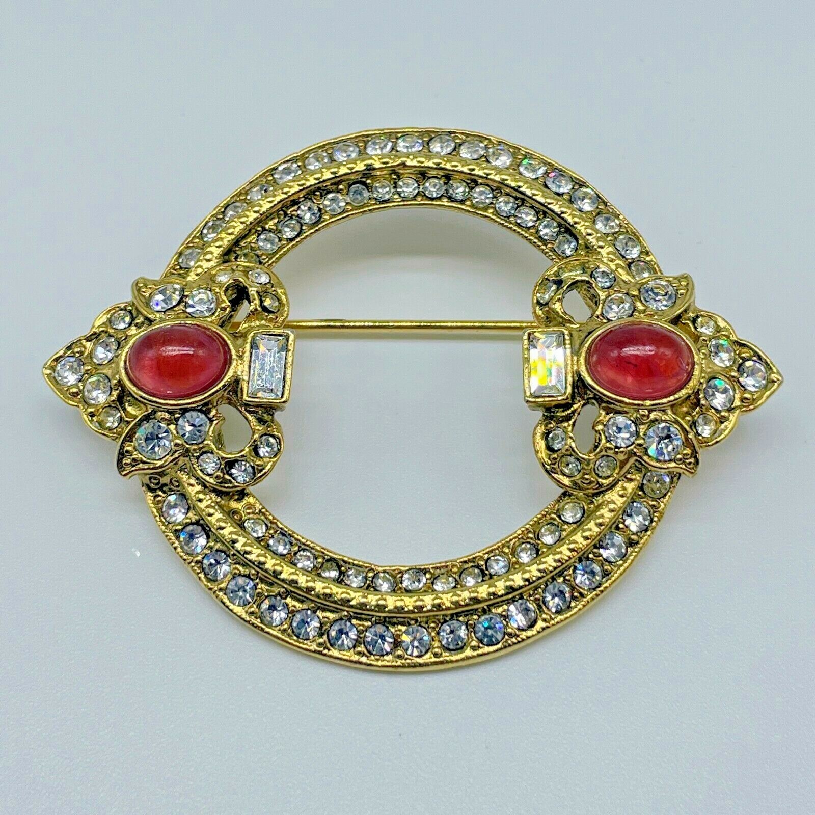 Designer Womens Golden Burgundy Rhinestone Oval Flower Shape Pin Brooch