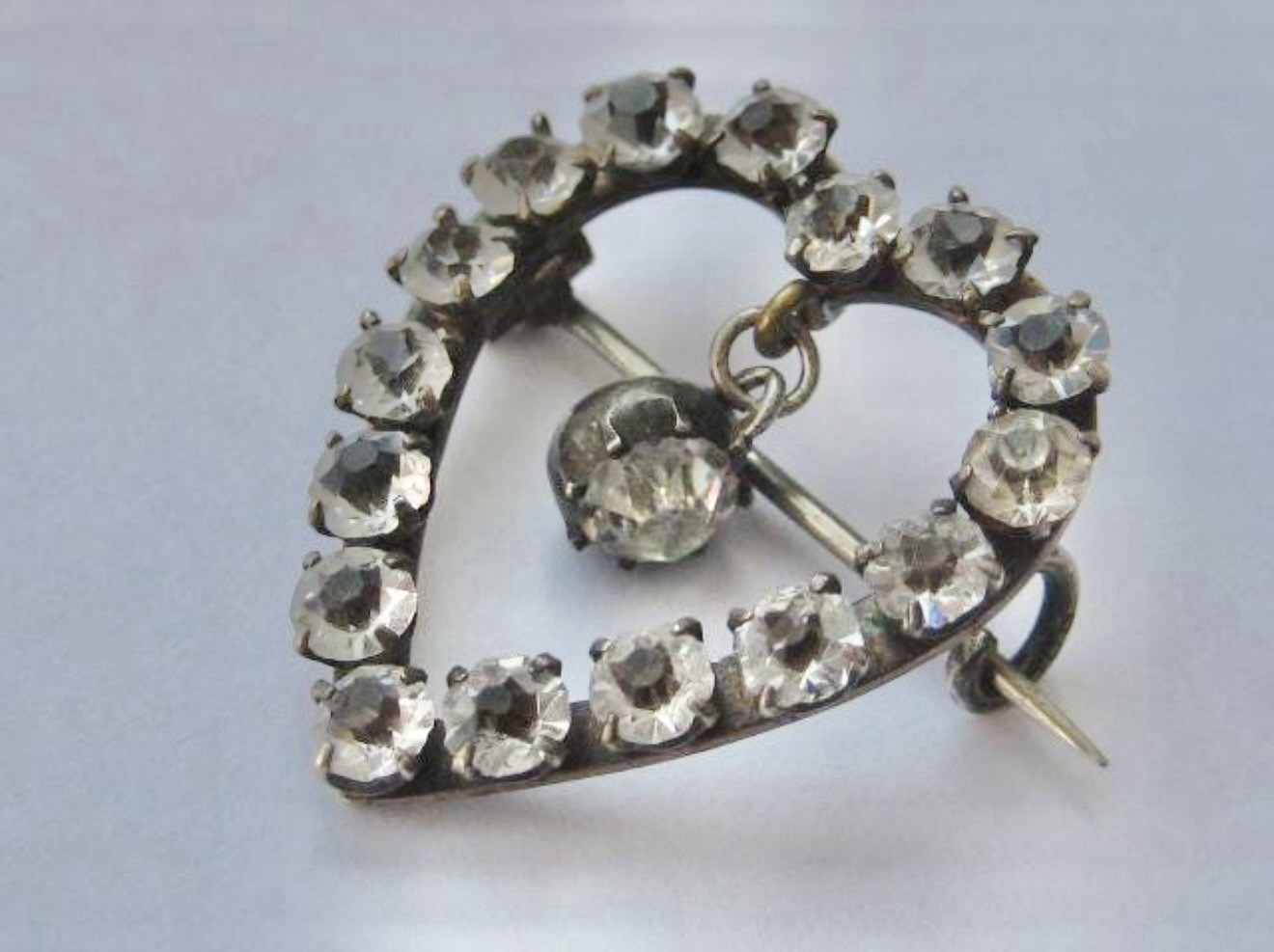 Antique Victorian Clear Paste Stones Heart Silver Brooch & Paste Dangle Center