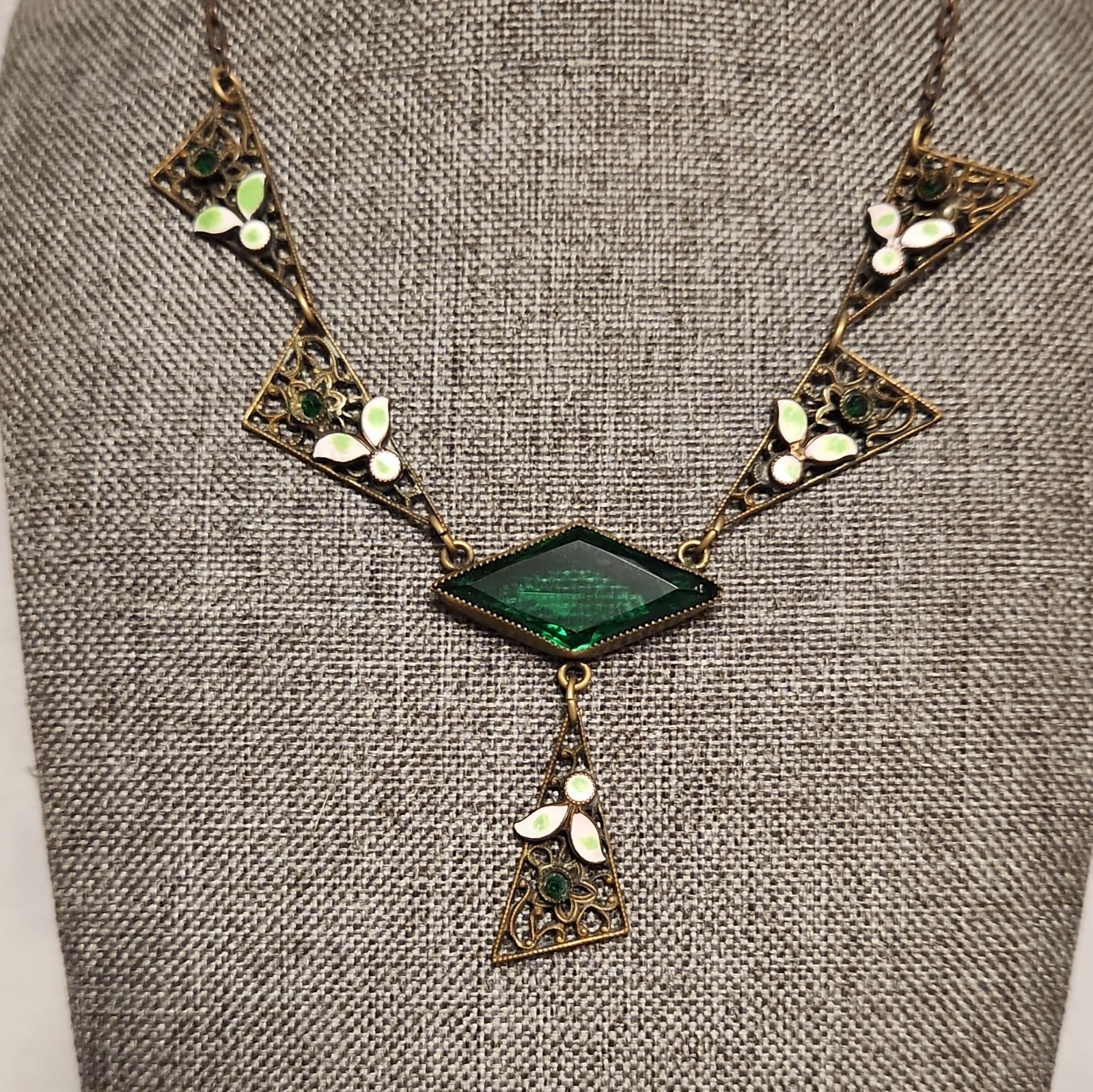 Vintage 1920’s transition style brass, enamel, green glass paste necklace