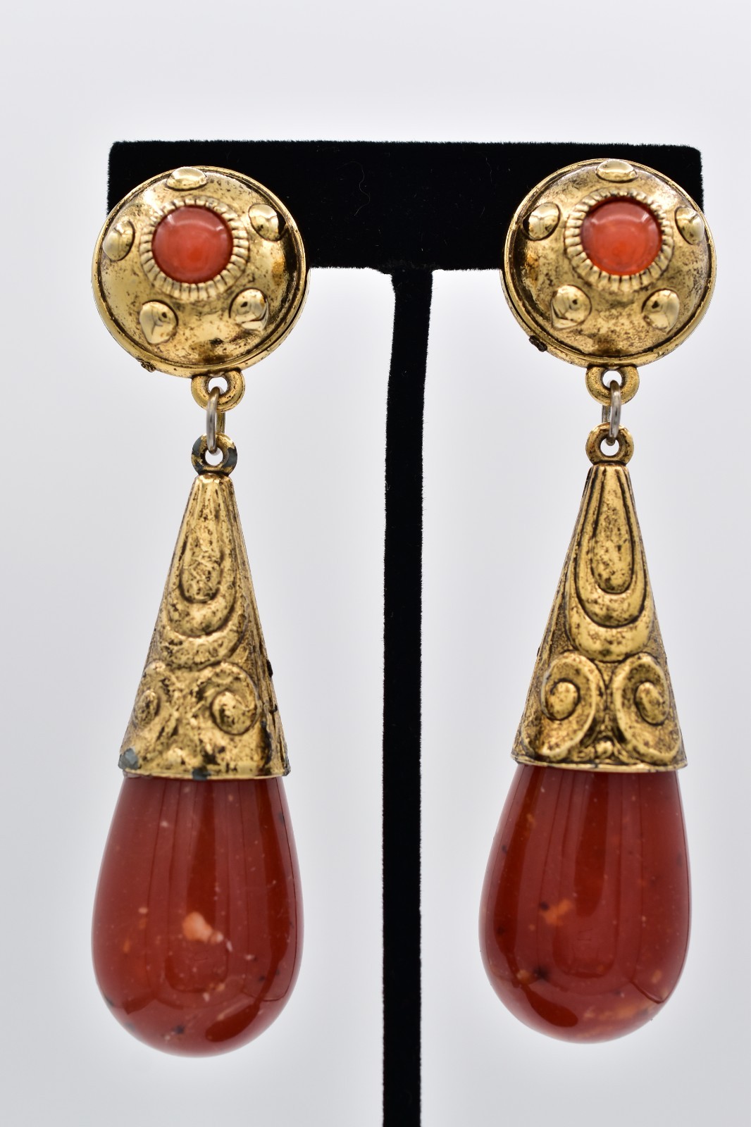 Vintage Gold Red Jasper Lucite Teardrop Clip On Earrings Boho Statement 80s BinH