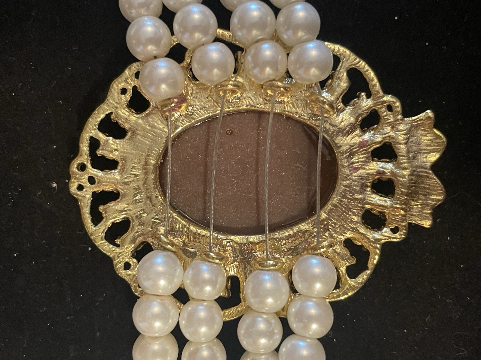 Vintage Multi Strand Faux Pearl Cameo Rhinestone Choker Necklace. Elegant. Fancy