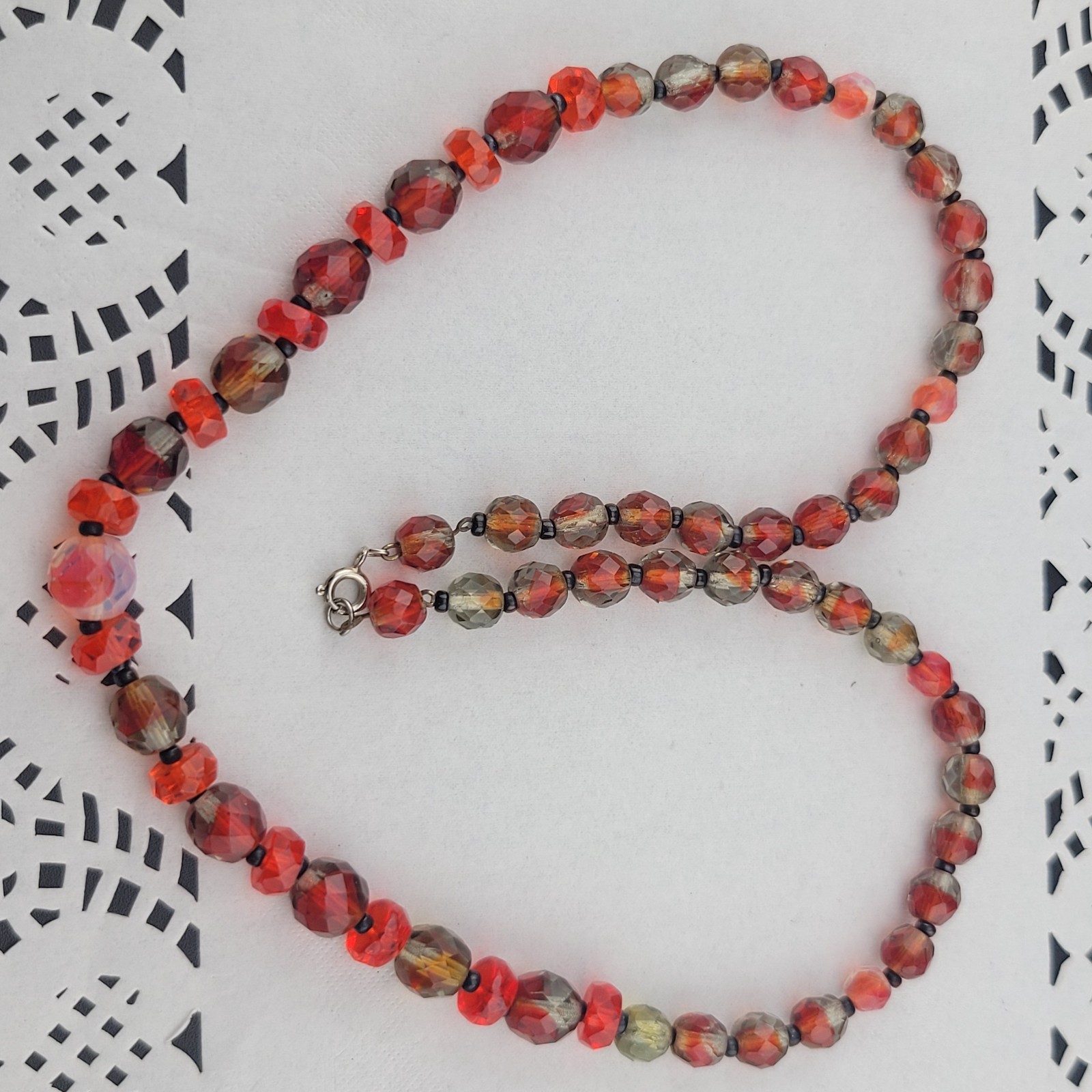 Antique Czech Red Clear Orange Givre Glass Crystal Bead Graduated 20″ Necklace