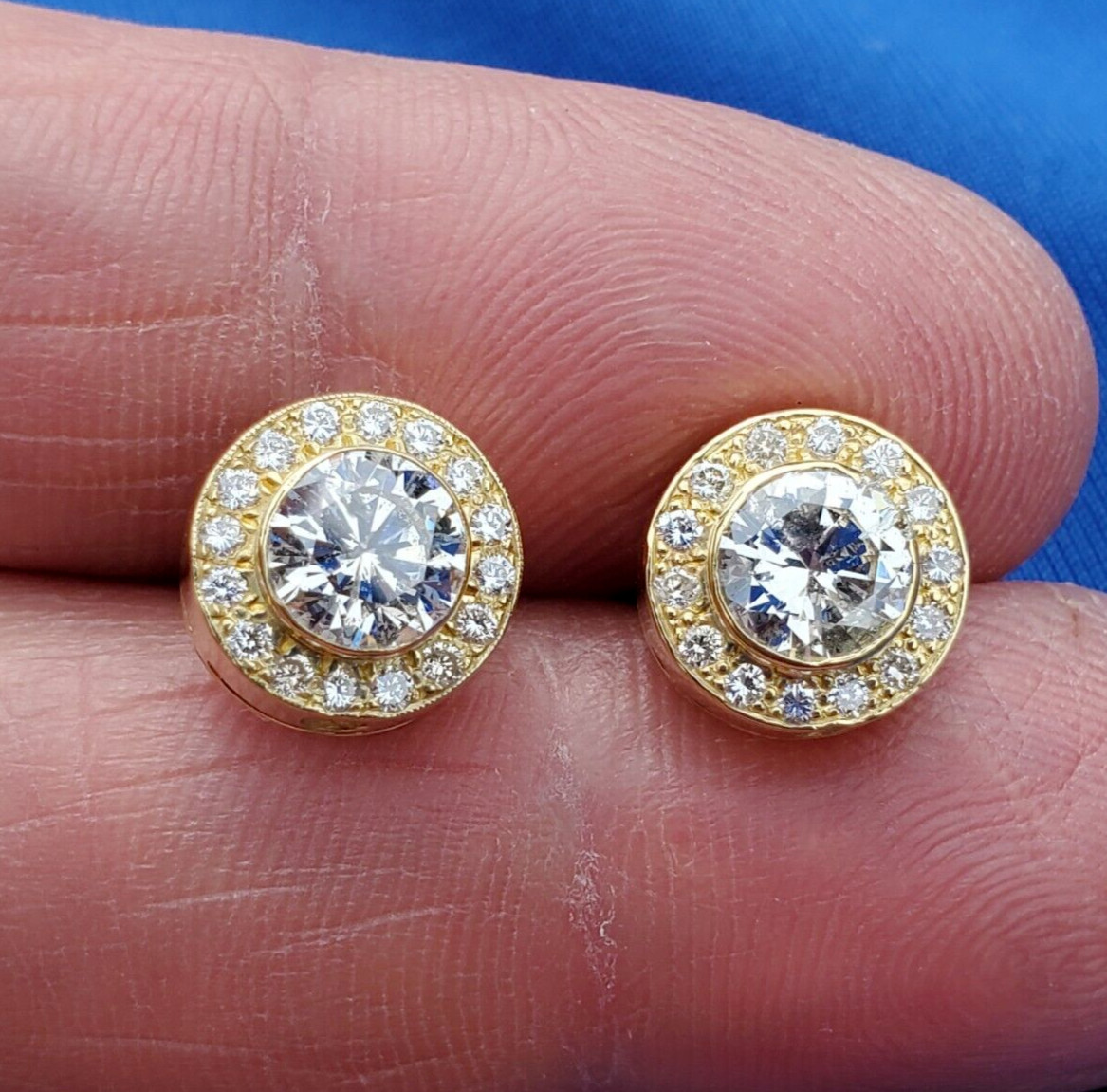 Original EARTH MINED DIAMOND Deco Bezel set Halo Studs Earrings SOLID 18K GOLD