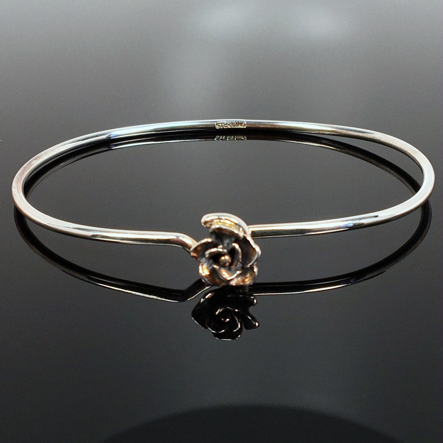 Sterling Silver Rose Bangle Charm Bracelet Flower Design Stacking Vintage NOS