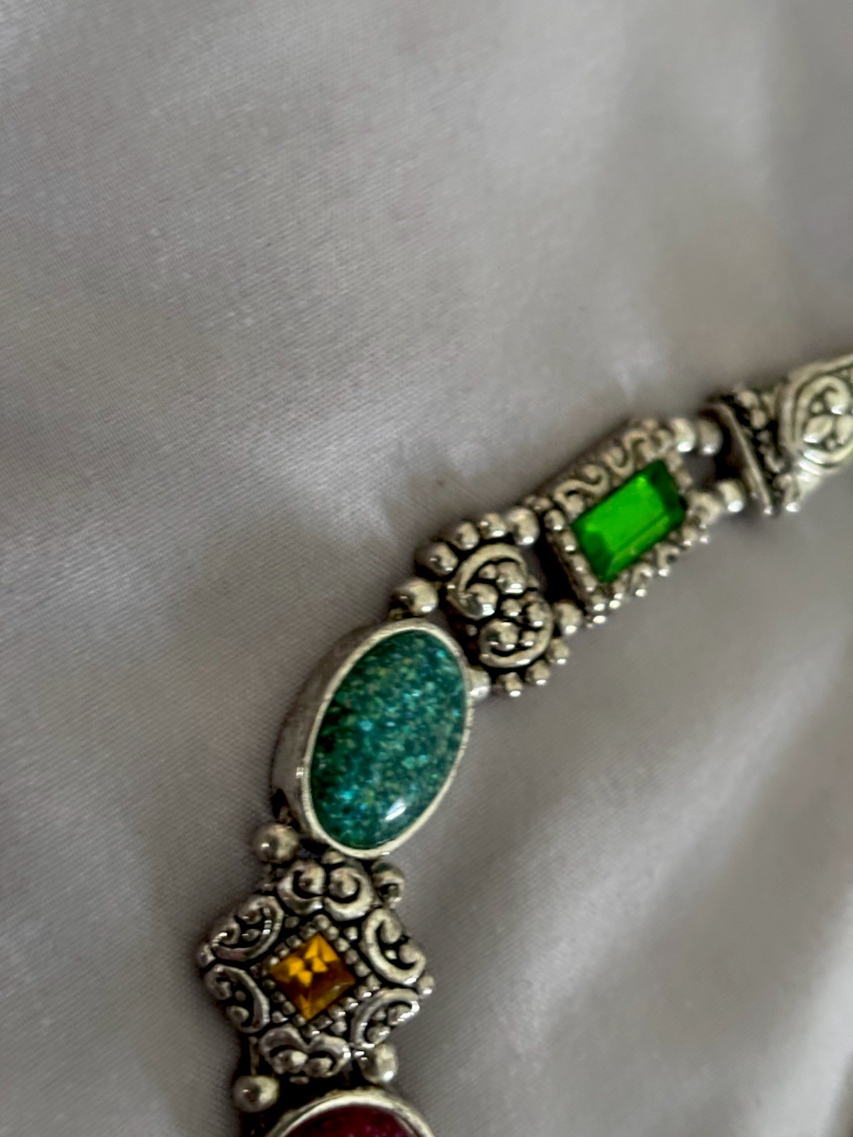 Victorian Revival Slide Charm Bracelet Colorful Confetti Glass Cabochons