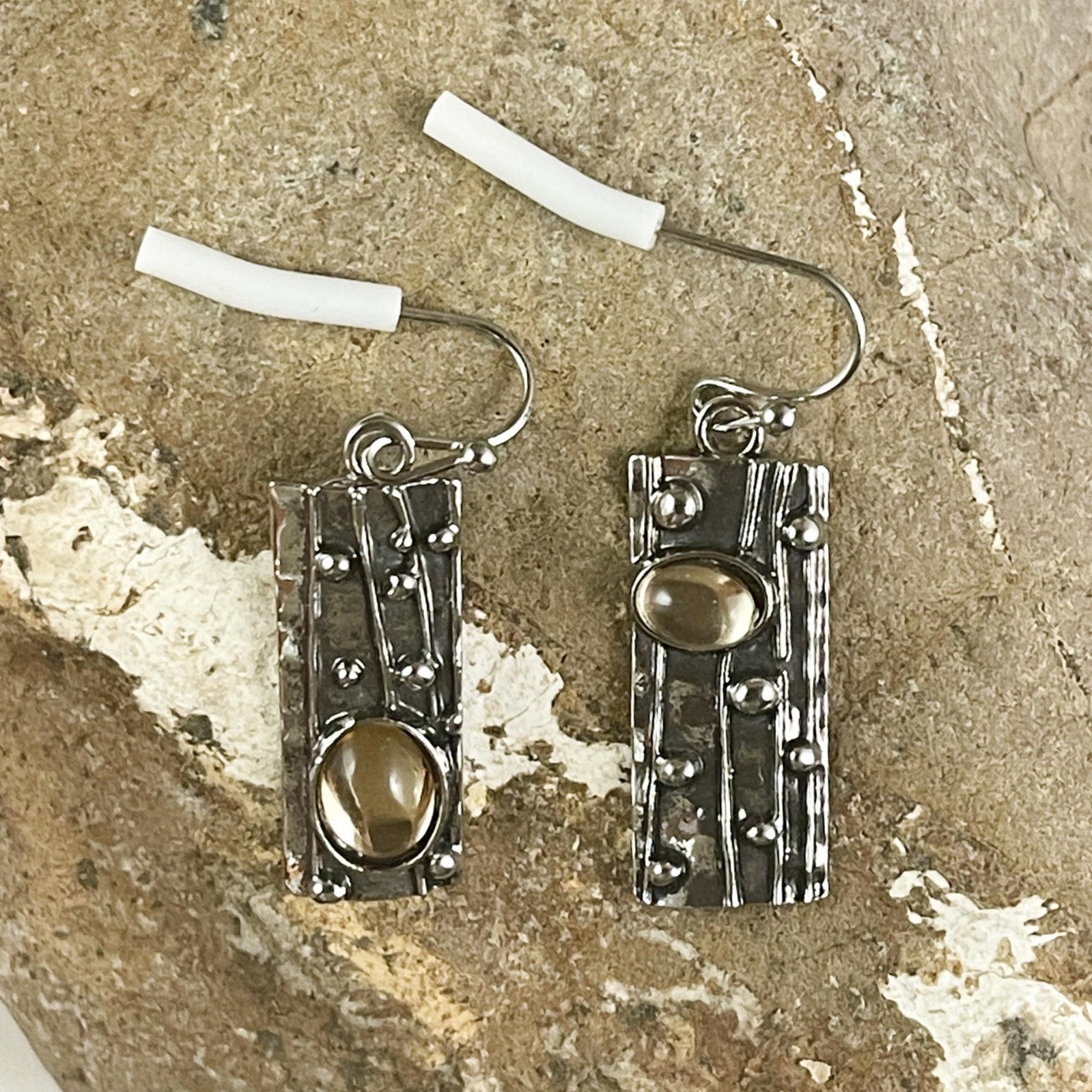 Vintage Goldtone Stone Rectangular Hook Earrings 1.75”
