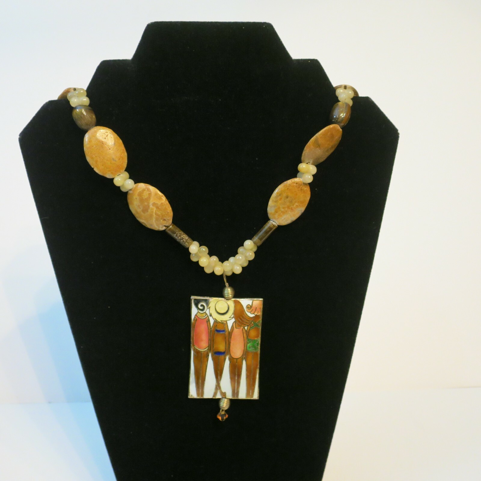 Art Deco Girls at Beach Cloisonne Stone Bead 24” Long Necklace Swimsuit Gold
