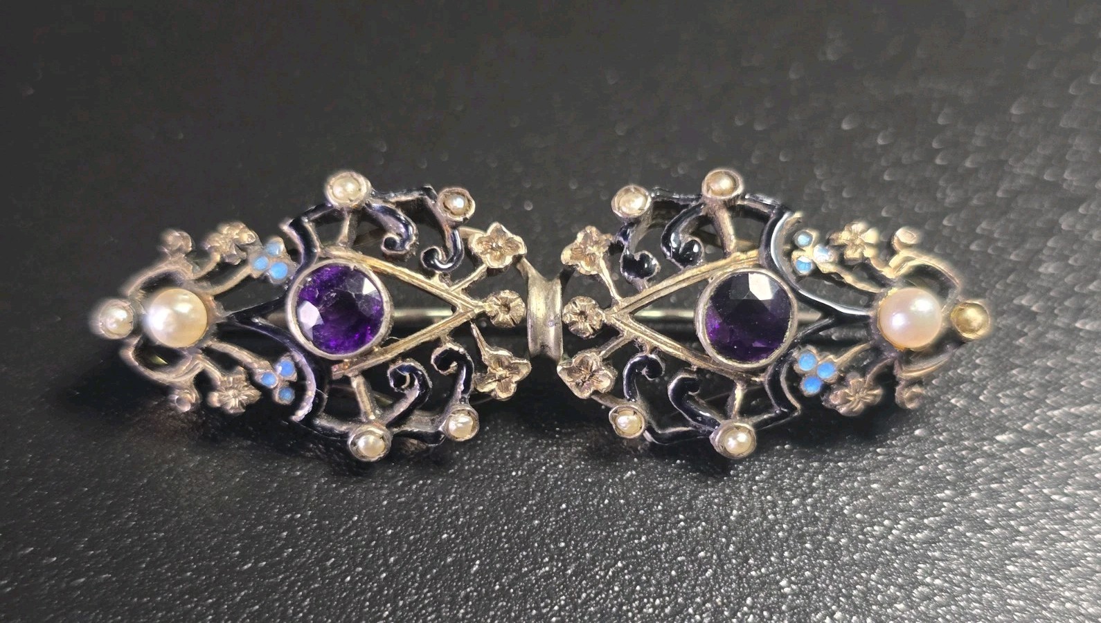 Antique Art Deco Silver Czech Glass & Seed Pearl Enamel Brooch