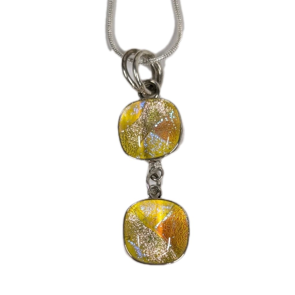 Vintage Sterling Silver Yellow Dichroic Glass Pendant 1990s Handmade In Mexico