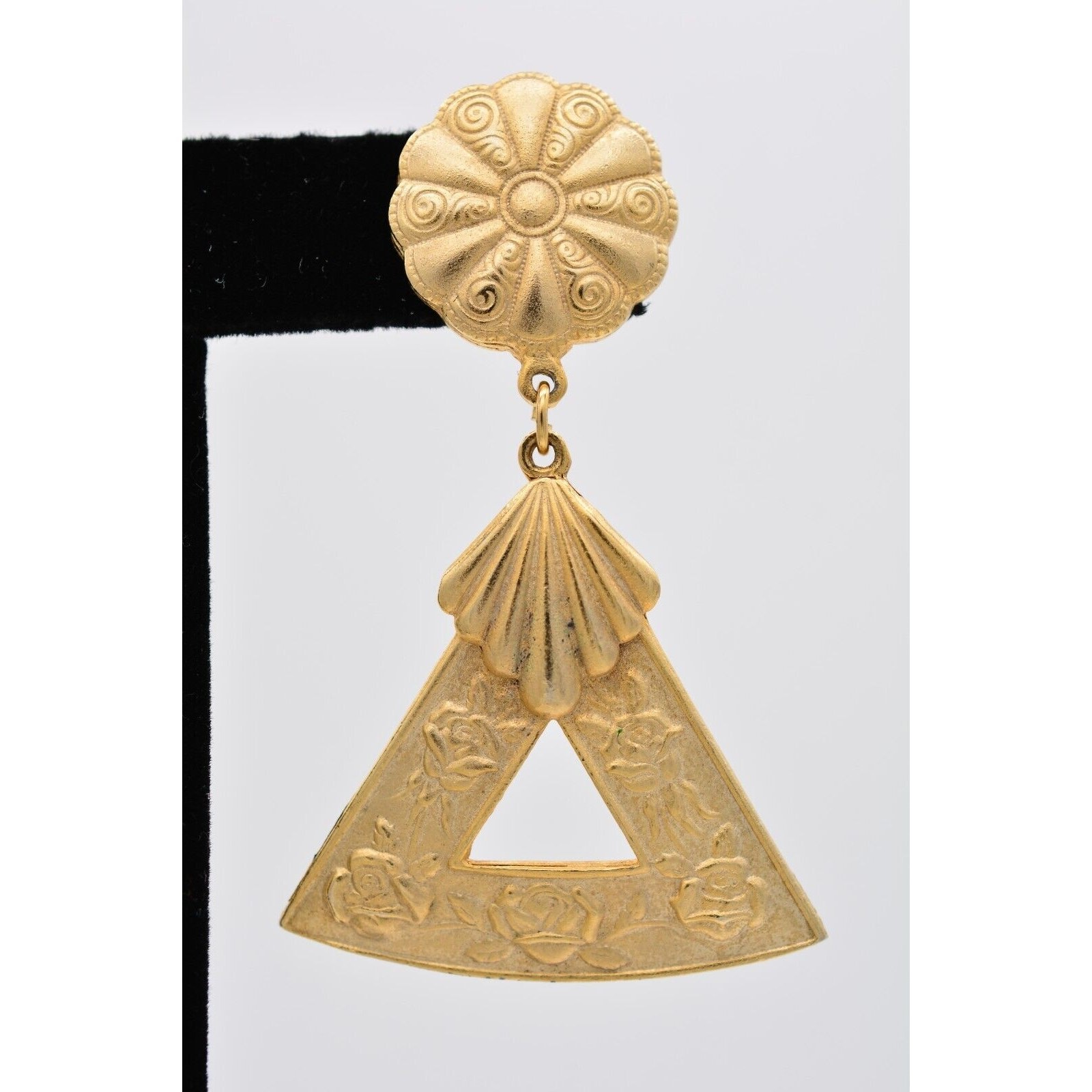 Vintage Statement Dangle Earrings Brushed Gold Floral Heavy Chunky Bold BinAZ