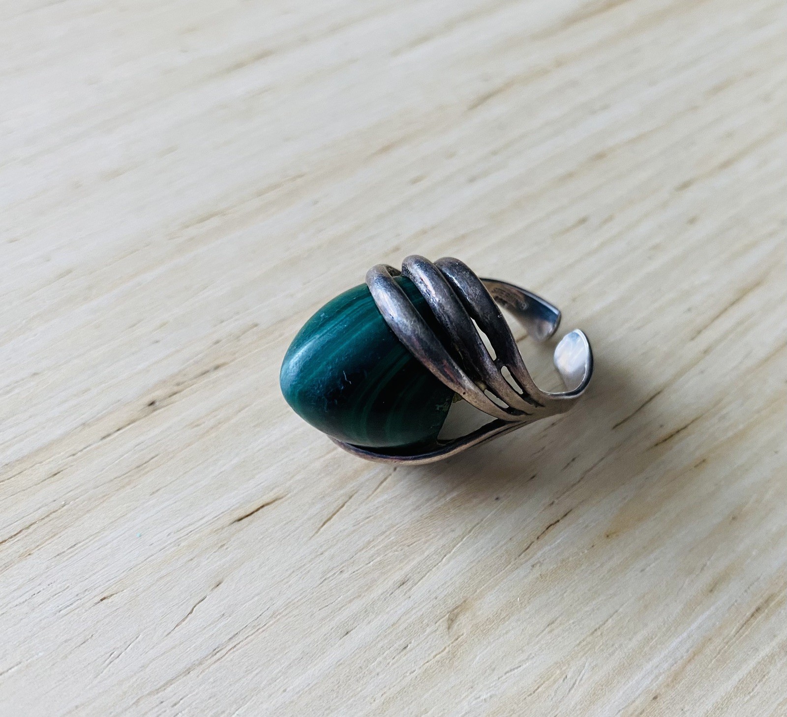Malachite Sterling Silver MCM Scandinavian Denmark Norway Vintage Adjustable