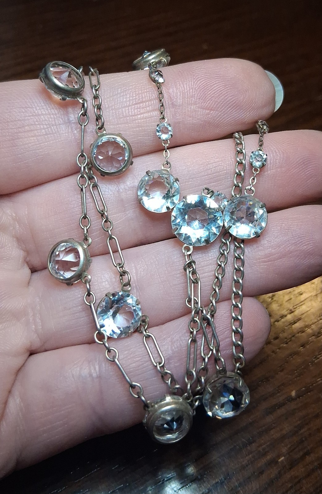 Antique Art Deco Sterling Rock Crystal(?) Necklace 19″ INCOMPLETE See Pics/Desc