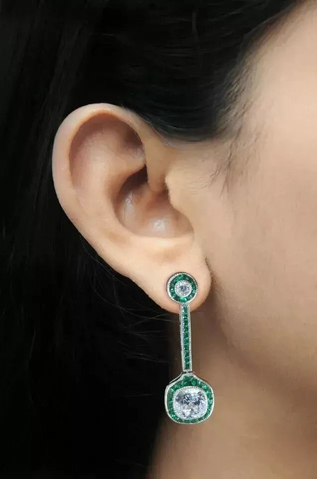 Art Deco Vintage Lab Created Diamond Earring Wedding Gift 14K White Gold Finish