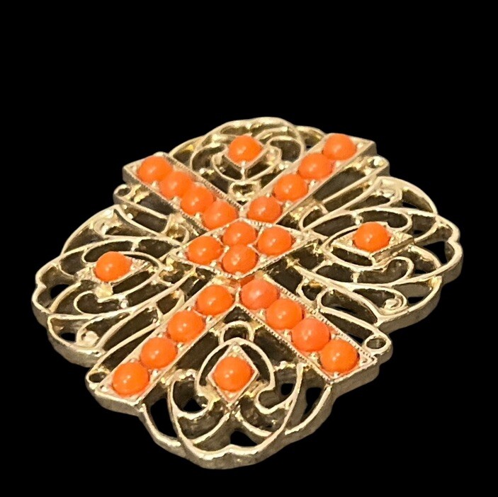 Vintage Sarah Coventry Gold Tone Filigree Coral Colored Beaded Brooch Pin