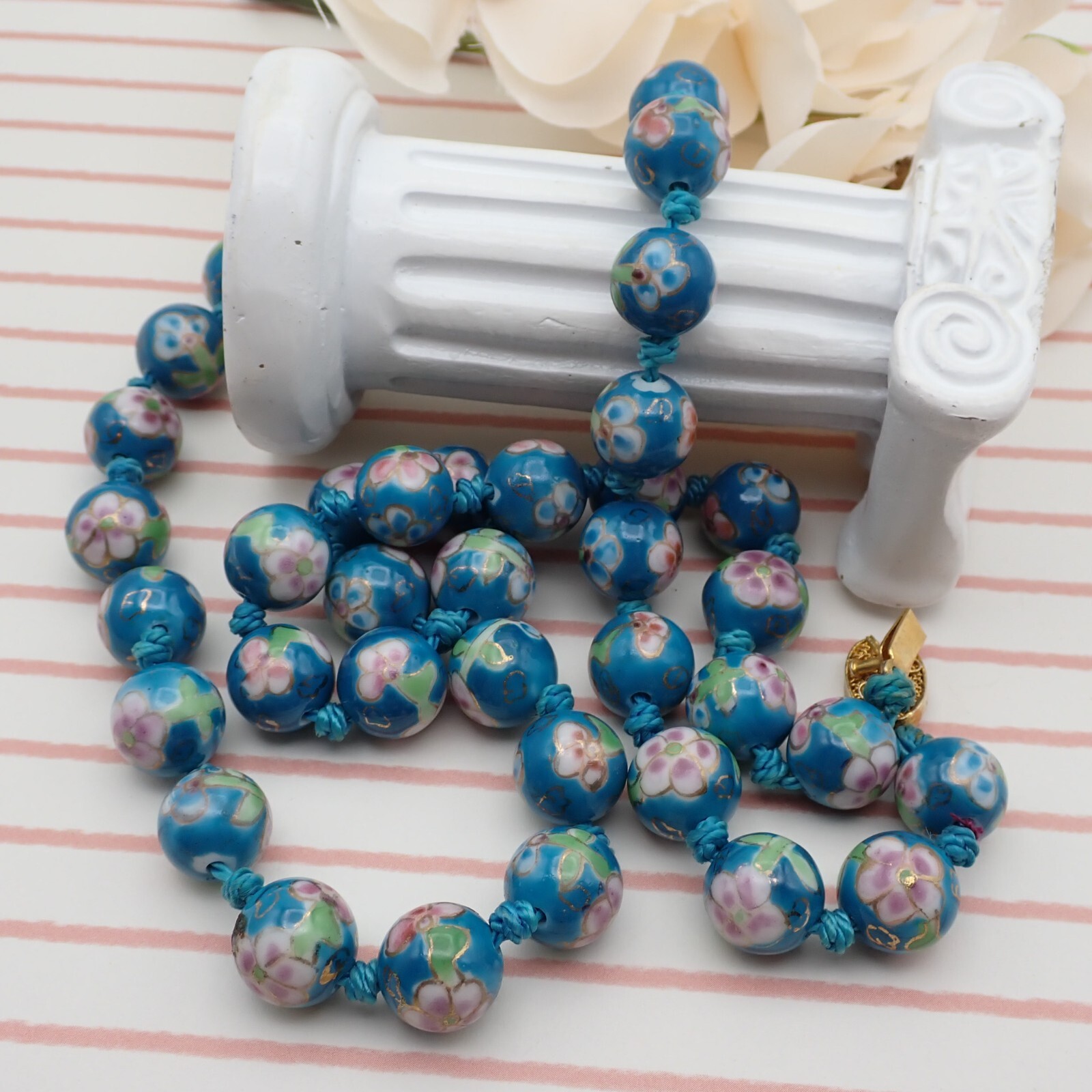 Vintage Chinese Export Rare Teal Pink Enamel Knotted 12mm Bead 27″ Necklace
