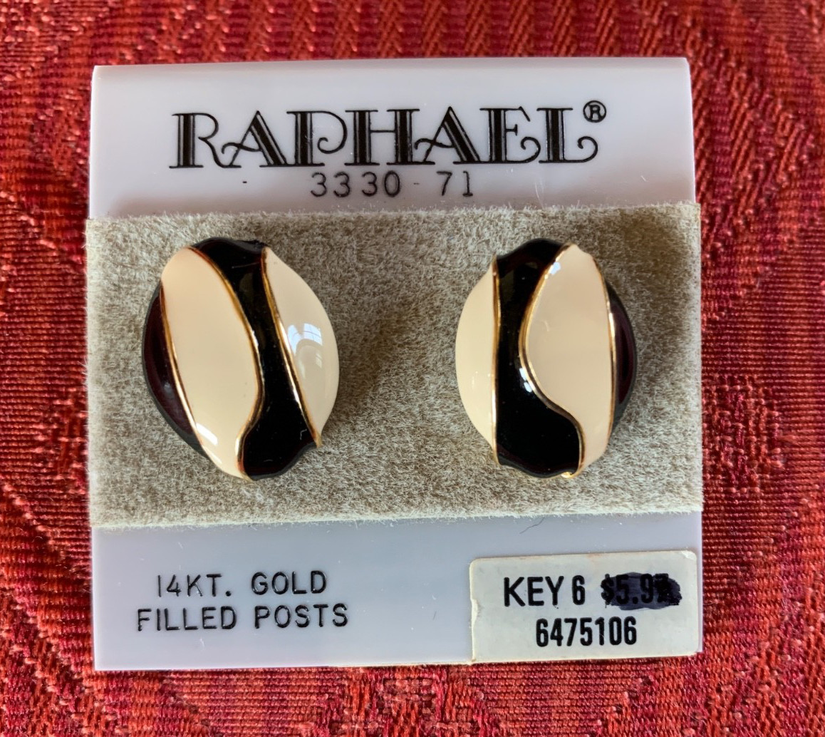 Vintage Raphael Black/White/Gold tone Enamel Pierced Earrings 14 kt Posts