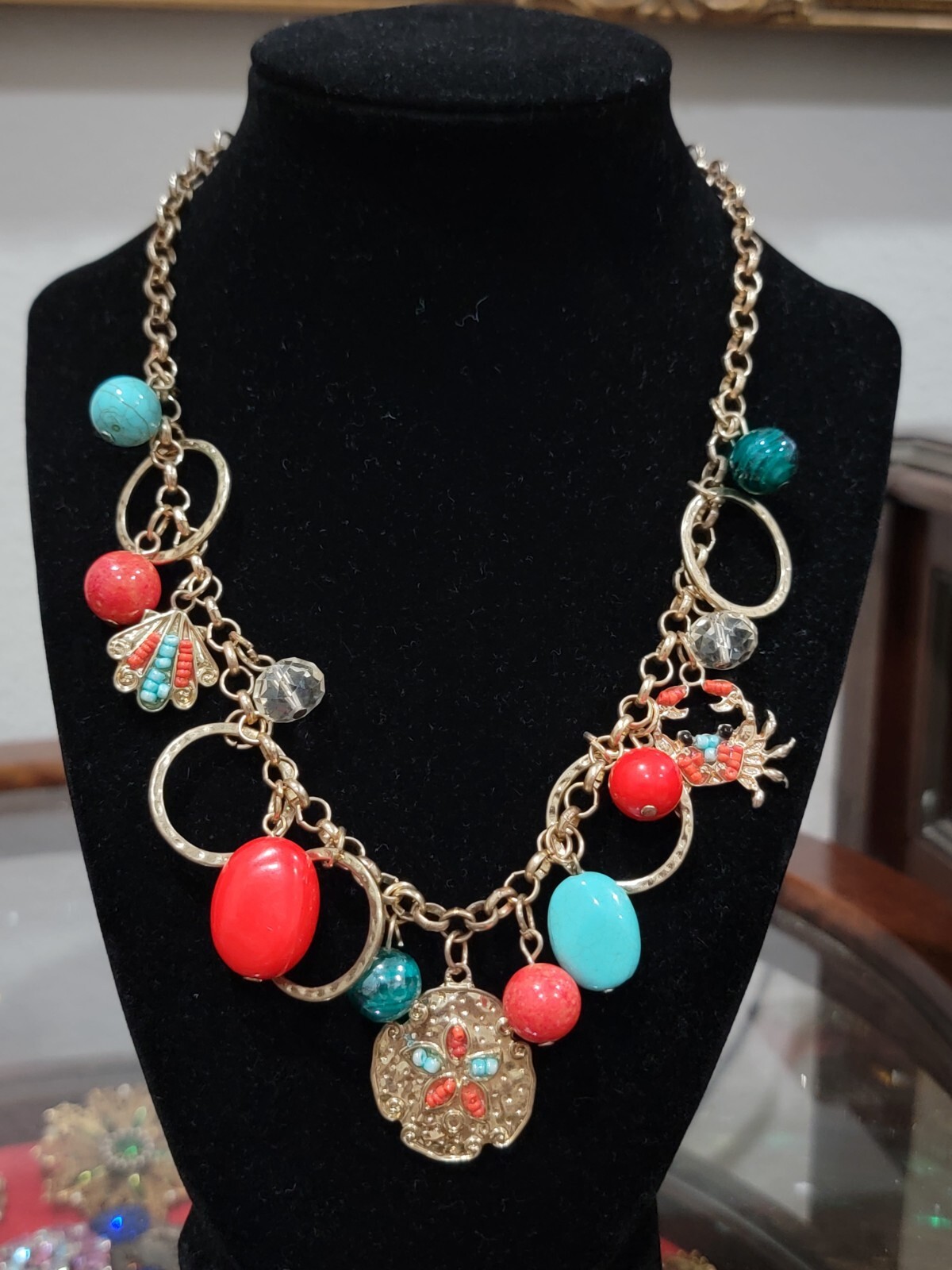 Vintage 70s Sea Creature Charm Necklace Chunky Gold tone Beaded