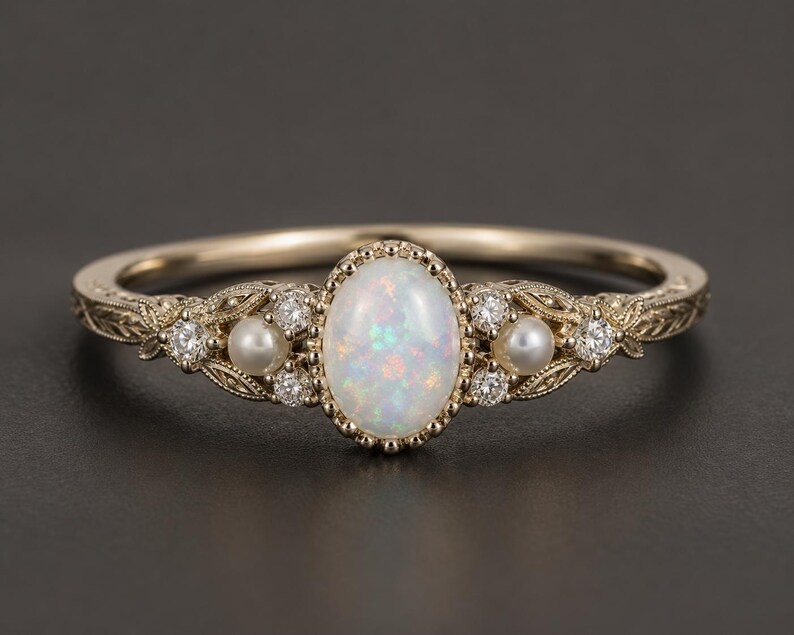 Natural Ethiopian Opal Ring Vintage Pearl Ring 925 Sterling Silver Opal Ring