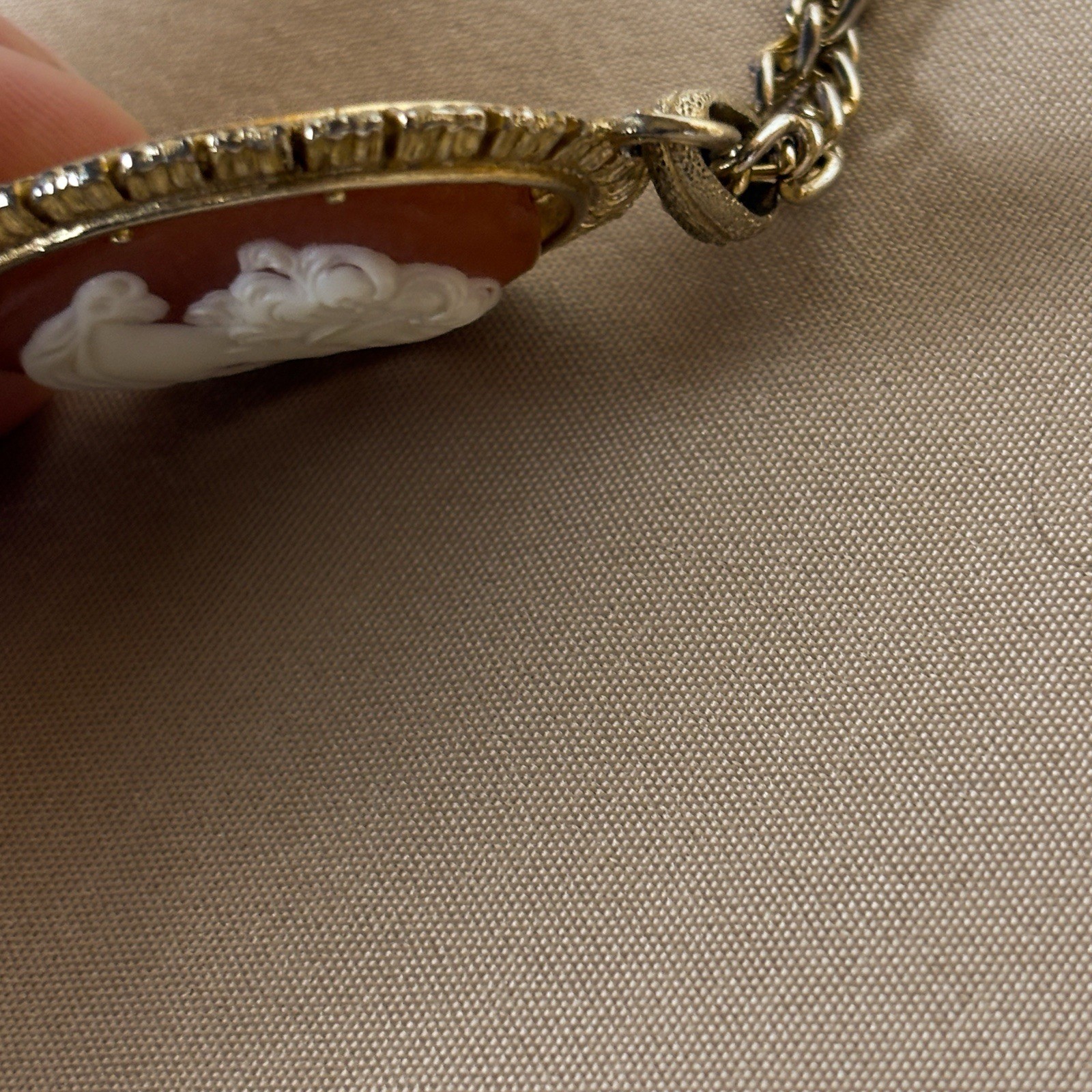 Cameo Pendant Vintage Victorian Revival Gold Tone Etched Back 25in B11