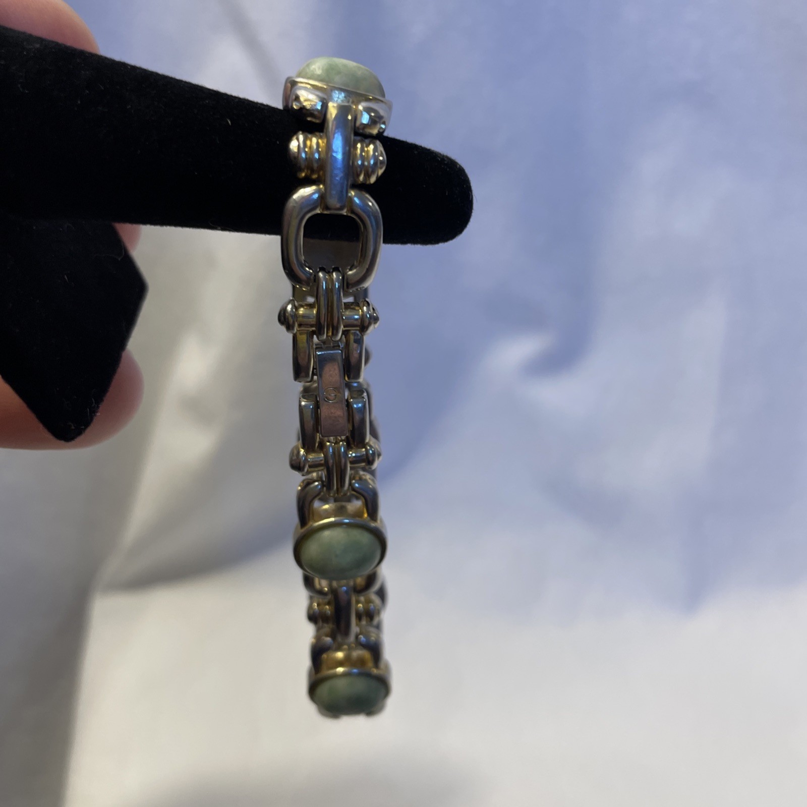 VTG Elgin II Women Carved Green Jade Jadeite Link Stone Bracelet 7 in