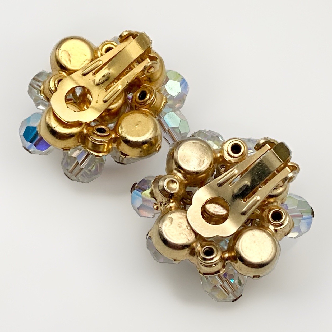 Vintage 1950s Finer Aurora Borealis Crystal Cluster Clip Earrings Bridal Couture
