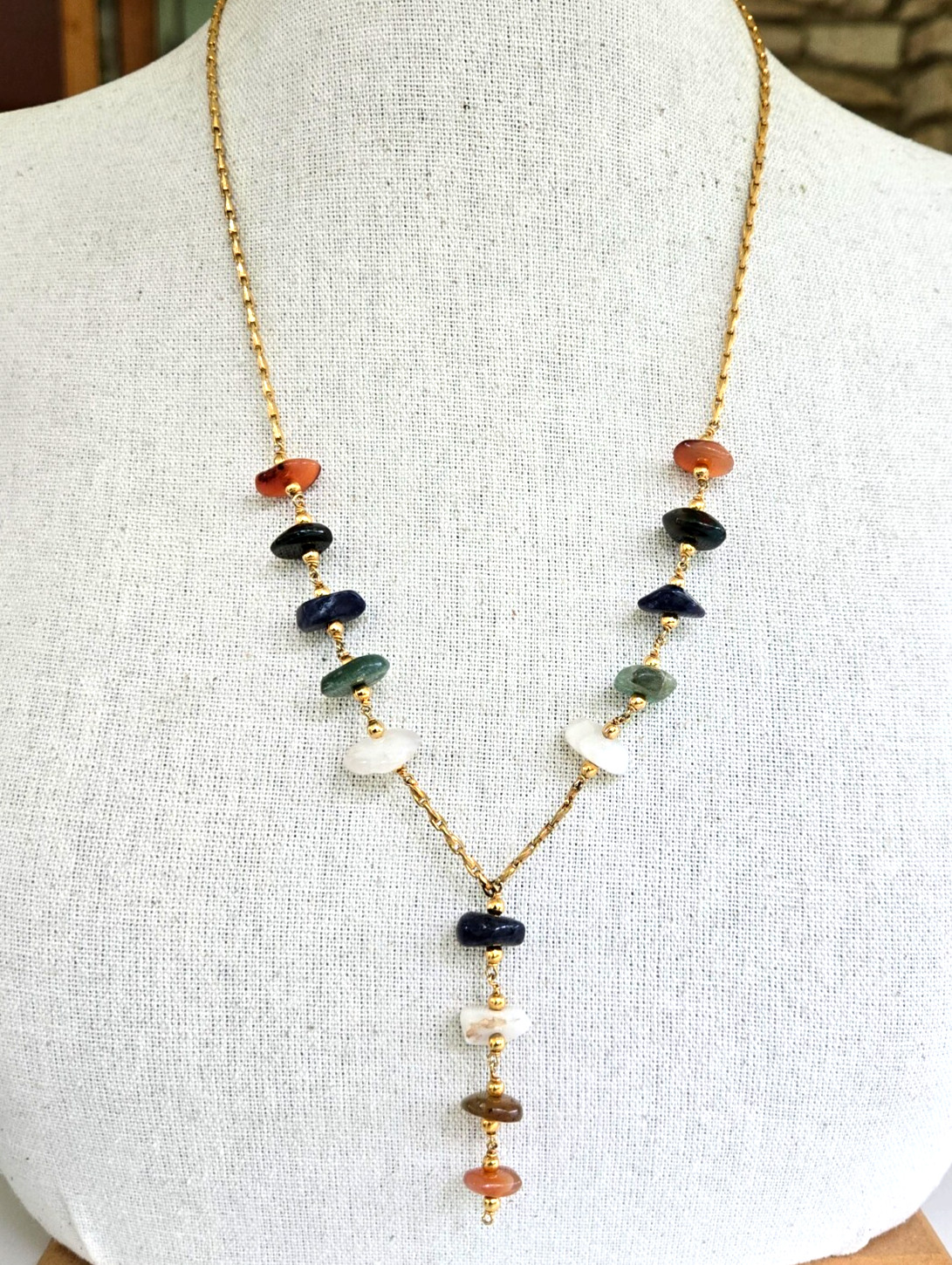 Vintage Agate Nugget Bead Gold Tone Elongated Chain Y Drop Necklace 24.75″