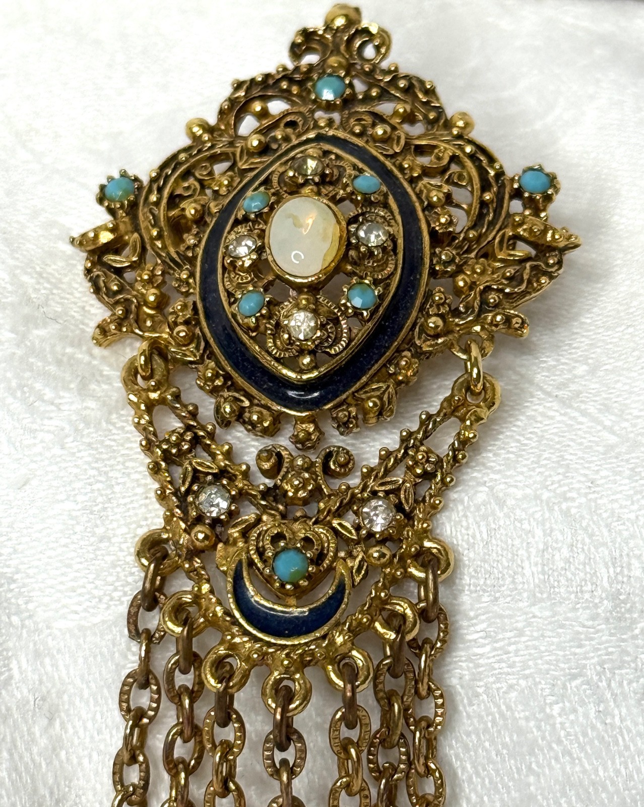 Vintage Florenza Filigree Brooch • Gold-Tone Fringe • Turquoise/Opalette