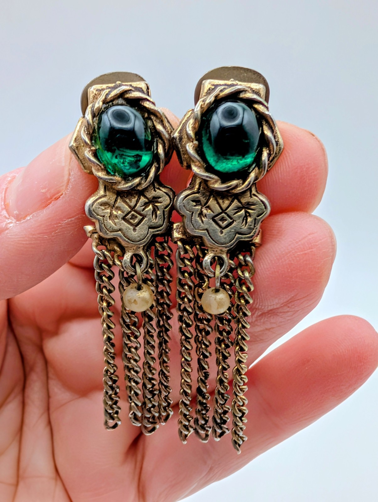 Vintage 1960s Gold Tone Tassel Clip On Earrings With Green Cabochon